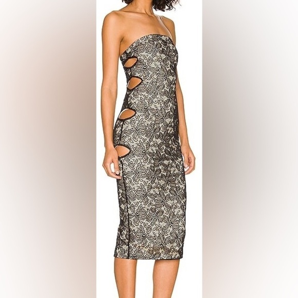 NBD/ Revolve/ Black and Nude Lace Strappless Bodycon Dress - Picture 3 of 9